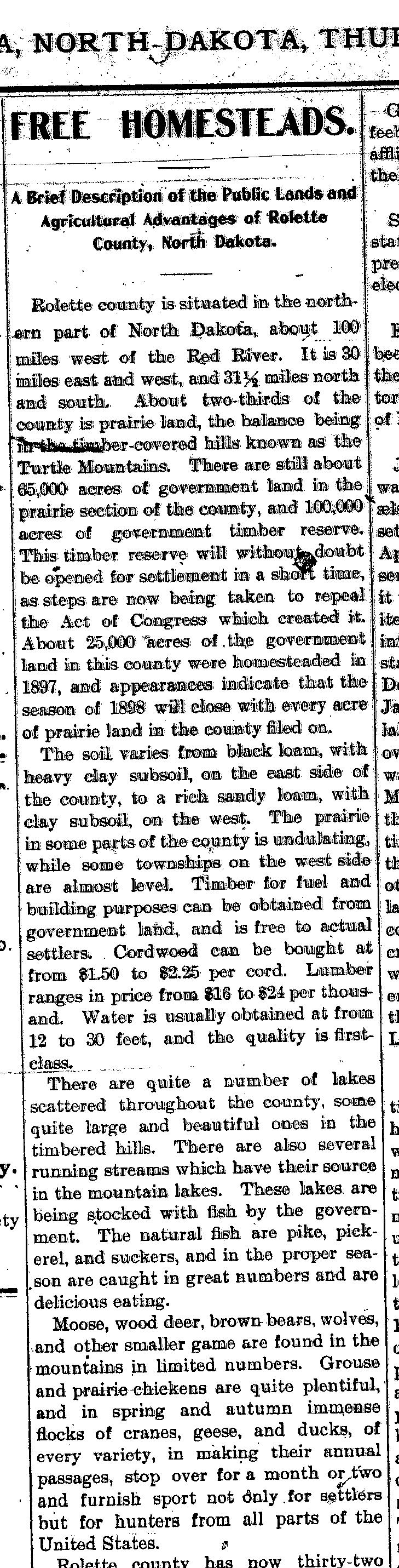  1898 Article Free Homesteads in Rolette County 1